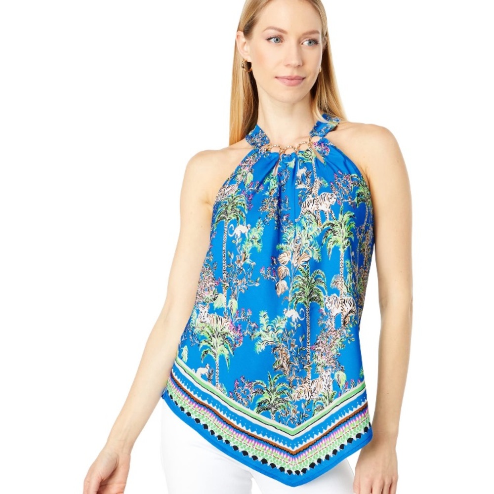 NWT Lilly Pulitzer Julien Top Blue Thistle Tiger Queen Print Small